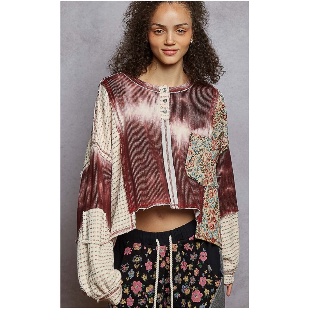 POL Patchwork Long Sleeve Ribbed Cropped Tee in Burgundy and Cream